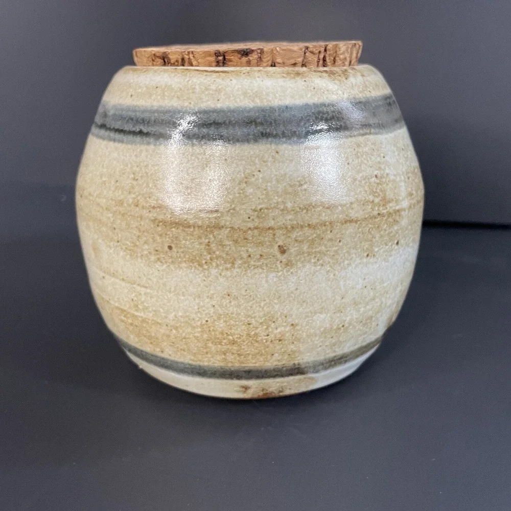 Vtg Minnesota Wild Rice Round Cork Lid Crock Canister Stoneware Storage Jar Glaz
